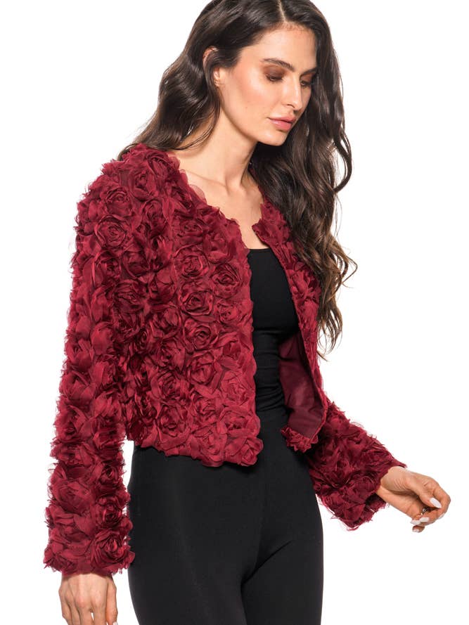 L3672-4 - 3D Rosette Textured Cropped Jacket – Wine Red for wholesale by Adore