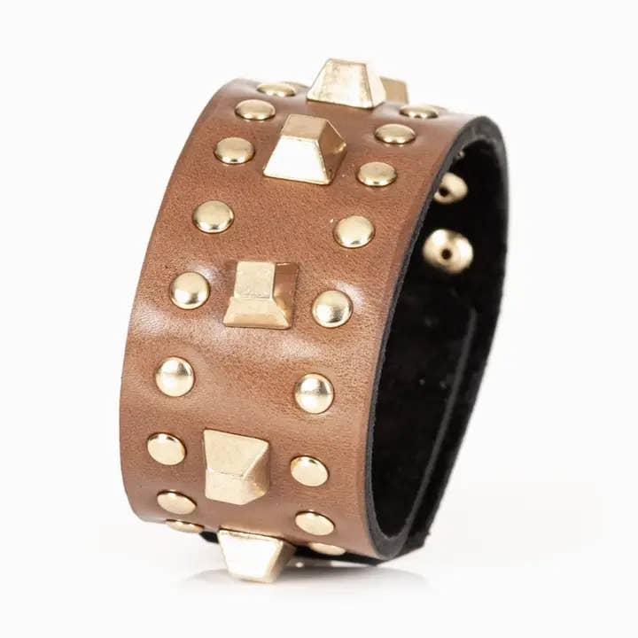 Studded Leather Statement Cuff Bronze Brown for wholesale by The Dark