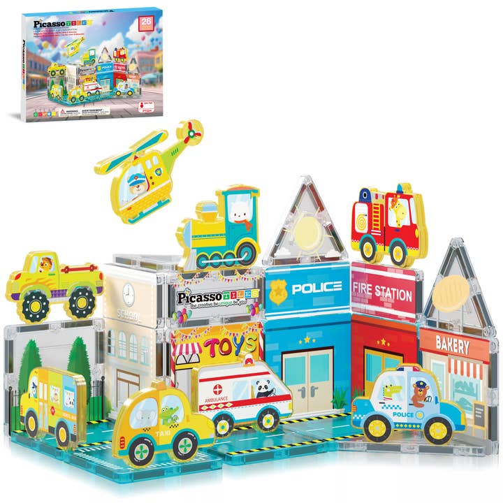PicassoTiles 26pc City Theme Magnetic Tile Building Set for wholesale by PicassoTiles