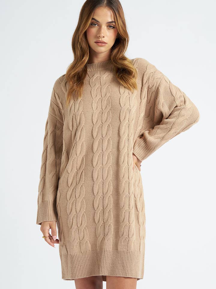 Camel Crew Neck Mini Dress for wholesale by Urban Bliss