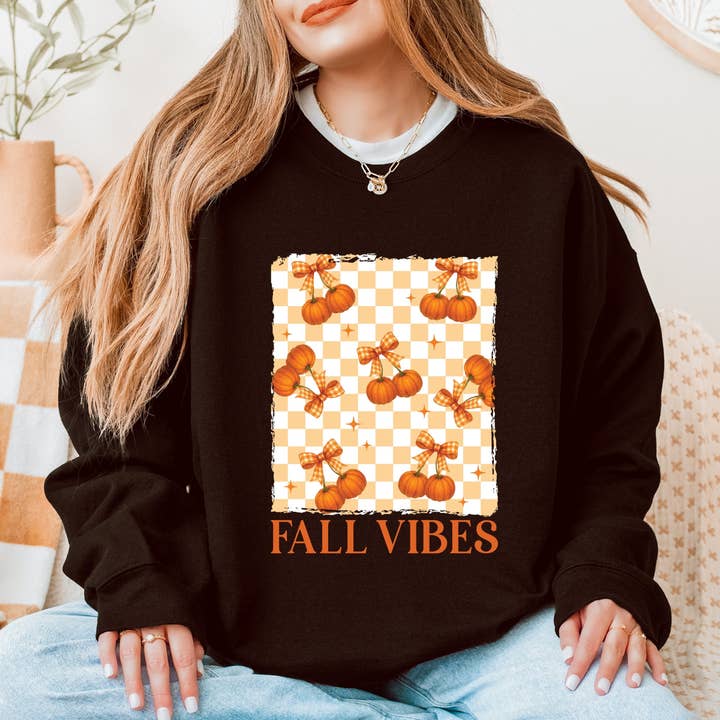 Fall Vibes Checked Pumpkins Sweatshirt for wholesale by Olive And Ivory Wholesale