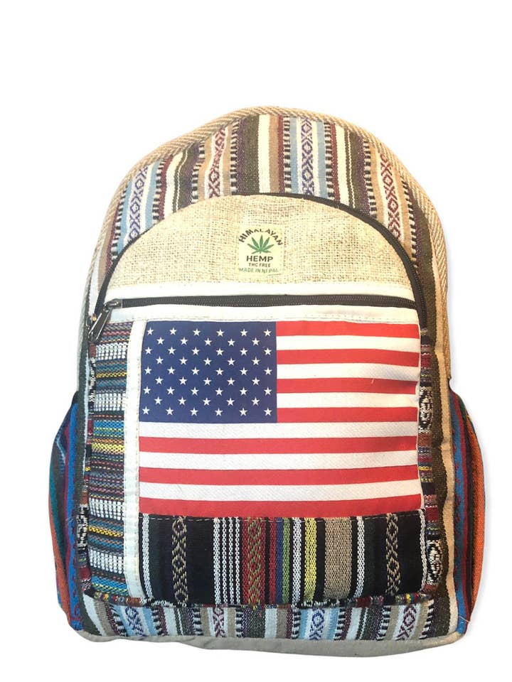 Cotton Hemp Ghary Patch US Flag Backpack RIB1941 for wholesale by Rising International Inc