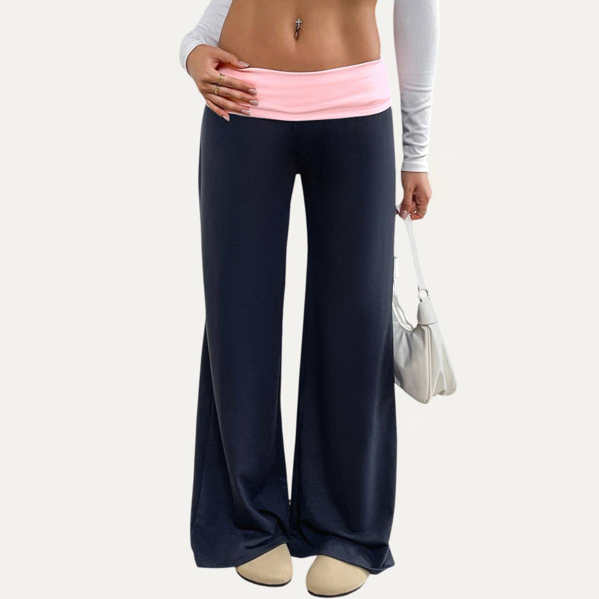 Relaxed Navy and Pink Wide-Leg Loungewear Pants for wholesale on Faire2