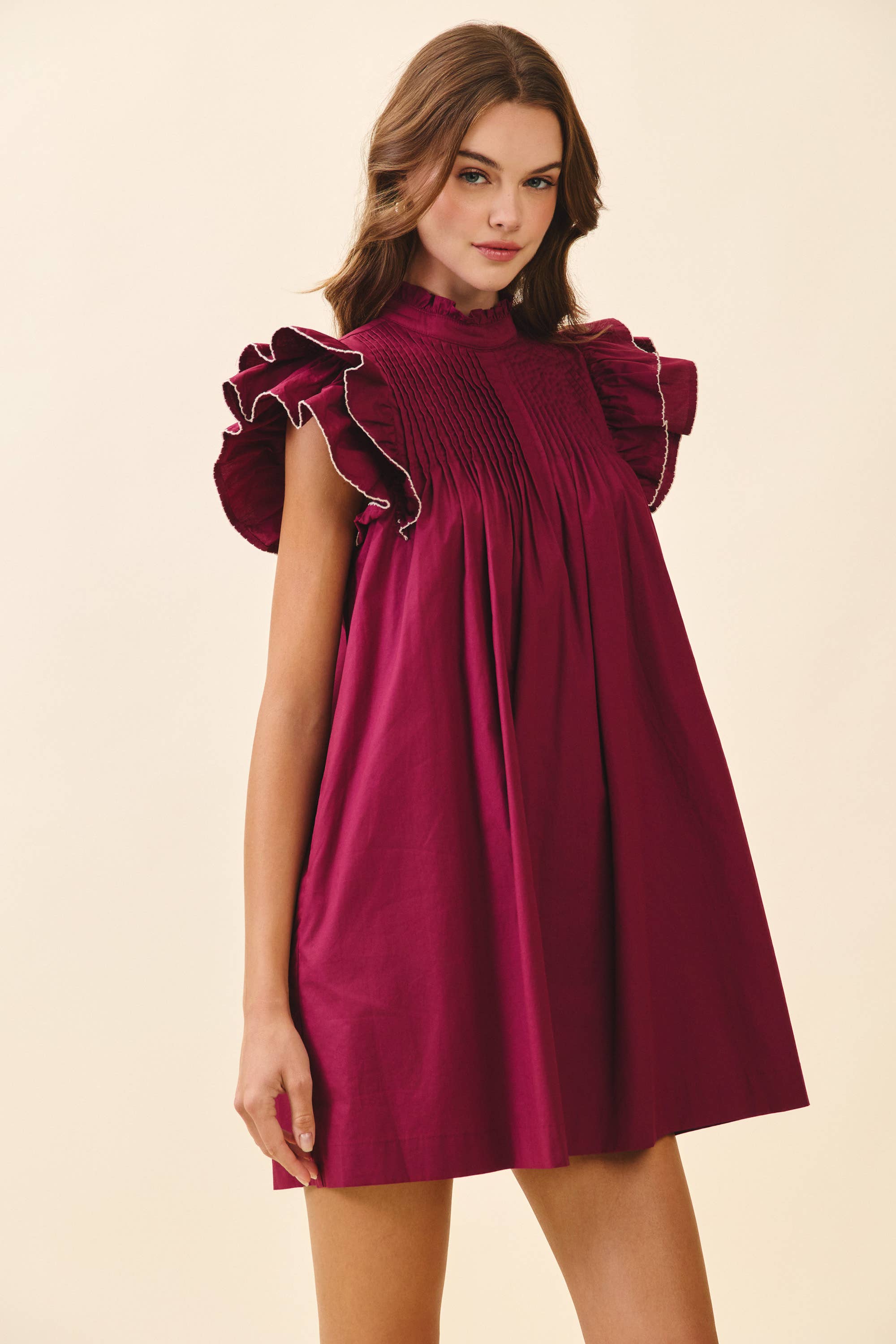 TCEC - Wholesale Dress - Women's - CD06395-Back Button Down High Neck Babydoll Mini Dress3