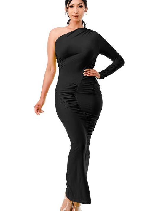 Robe moulante à manches longues et une épaule dénudée pour la vente par Namatt Design