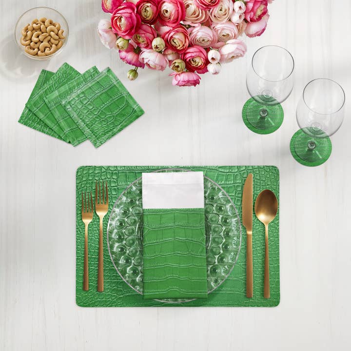 Crocodile Weatherley Green Vegan Leather Rectangle Pebble Placemat for wholesale by Nicolette Mayer Collection