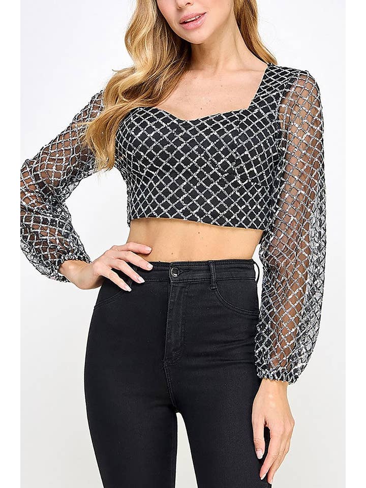 ROUSSEAU - Wholesale Blouse - Women's - SEQUIN SWEETHEART NECK LONG SLEEVES CROP TOP