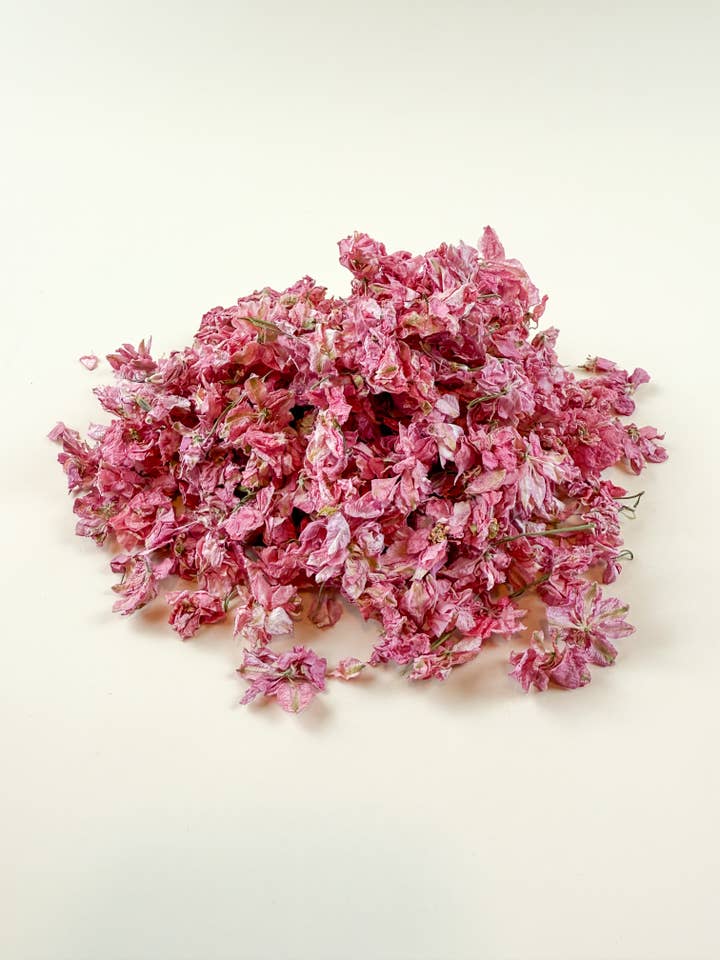 Larkspur - Pink Petals / Air-Dried, Loose Leaf (1/3 lb) for wholesale by Lovejoy Farms Premium Dried Flowers