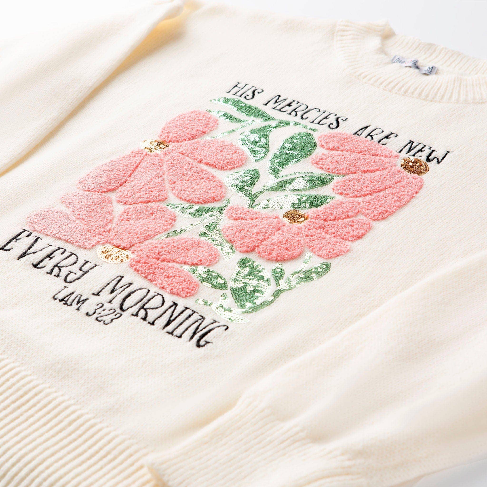 Cream His Mercies Are New Embellished Sweater for wholesale on Faire3