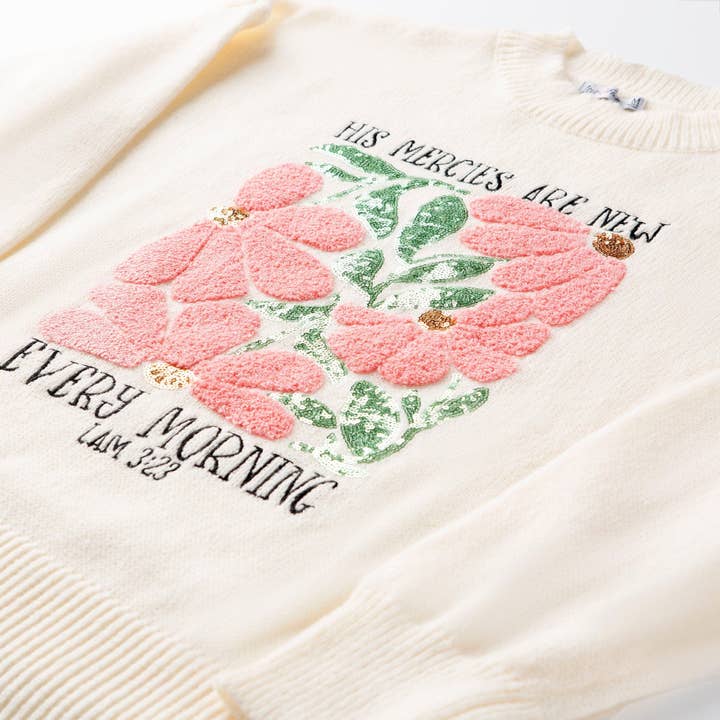 Cream His Mercies Are New Embellished Sweater for wholesale on Faire3