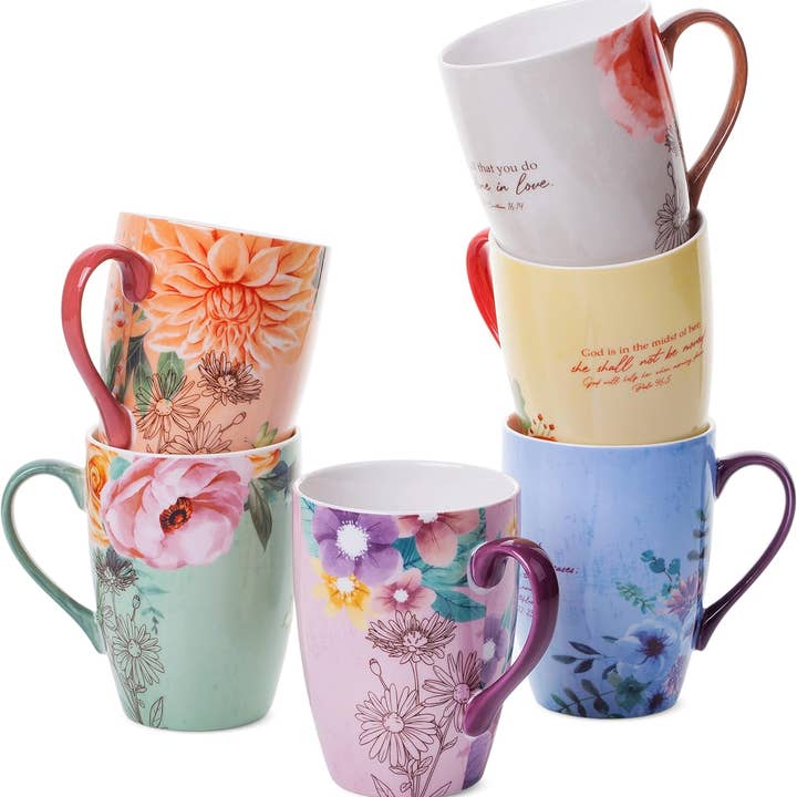 Ensemble de 6 tasses à café chrétiennes BTaT avec versets bibliques pour la vente par Brew To A Tea