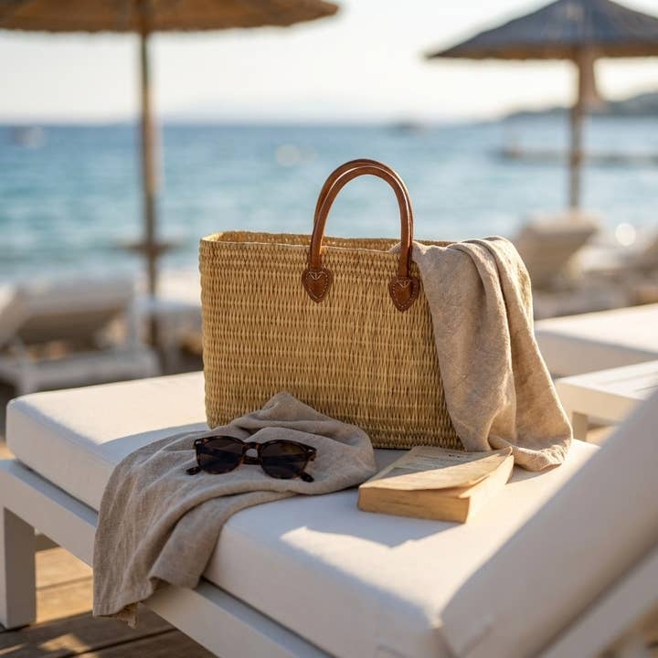 Melecraft - Wholesale Basket - Reed Market Basket Leather Handles - Natural Woven Tote Bag6