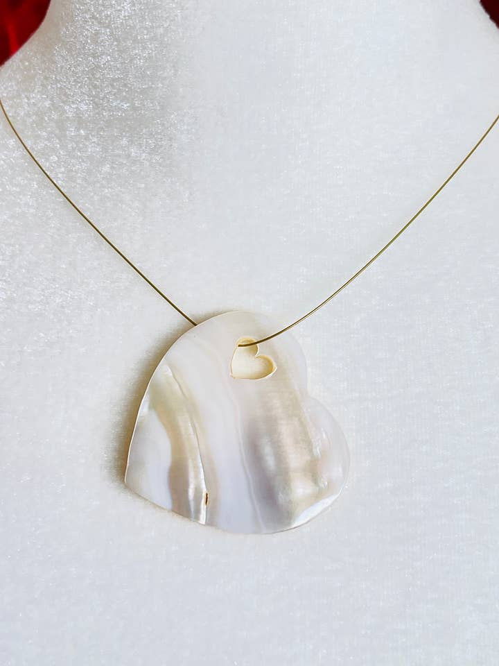 Minimalist, Natural Mother of Pearl Carved Heart Necklace for wholesale by Hand Art Soul