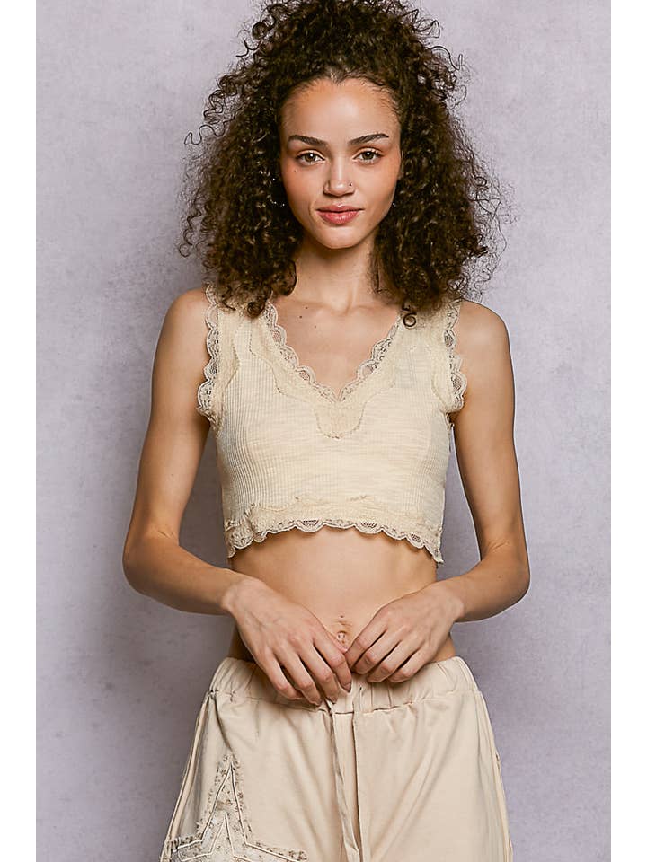 Pol Clothing - Wholesale Tank Top - Women's - Lace Trim Ribbed V Neck Summer Sleeveless Crop Top48