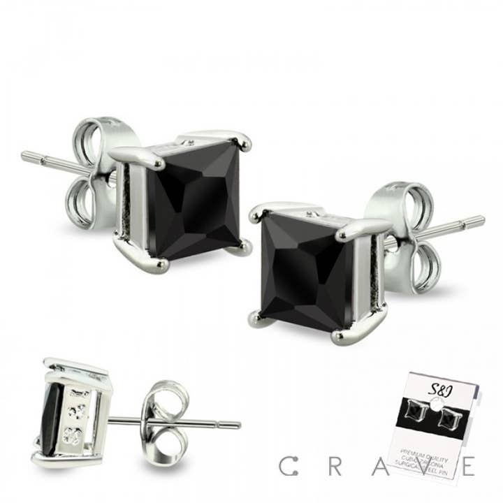 PAIR OF PRONG BLACK SQUARE CZ STUD EARRINGS for wholesale by CRAVE BODY JEWELRY
