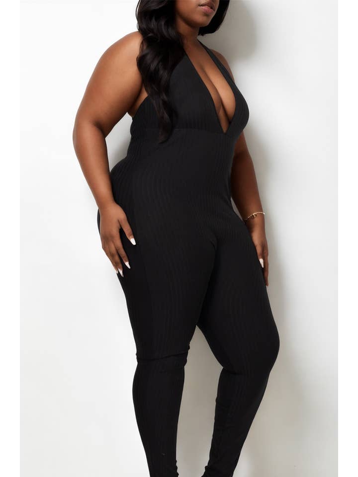 CAPELLA APPAREL - Wholesale Jumpsuit - Women's - Plus Size Halter V Neck Ribbed Bodycon Jumpsuit2