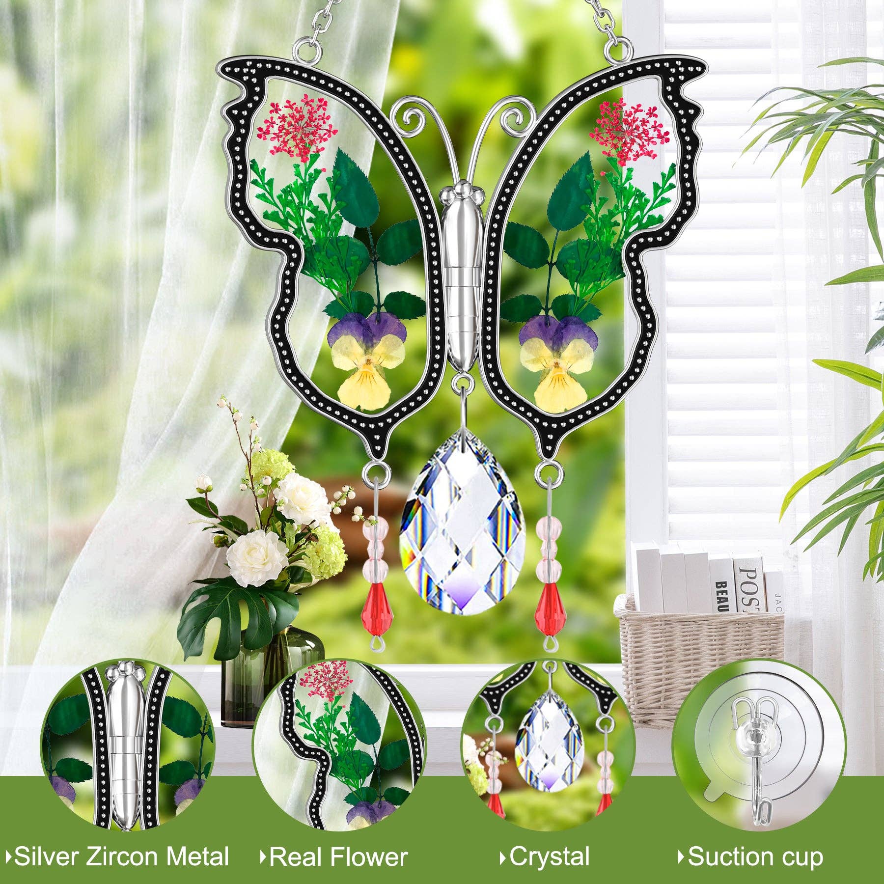 Longshinnning – wholesale Solfångare – Fjäril Solfångare för Semester – Äkta Blommor och Kristallfönsterprydnad6