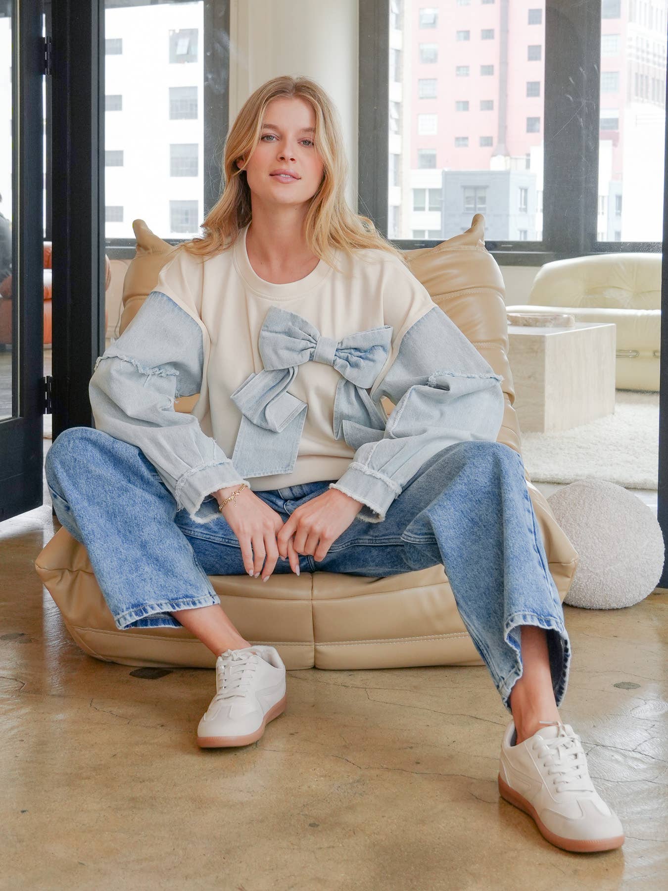 TRENDILITY - Wholesale Sweatshirt - Women's - TR2027-04_Mineral Washed Denim Bow Sweatshirt Top10