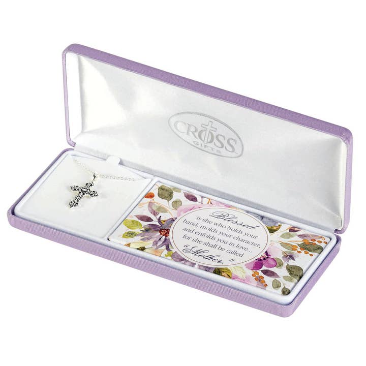 BLESSED MOTHER CROSS/HEART 18" CHAIN for wholesale by Cottage Garden