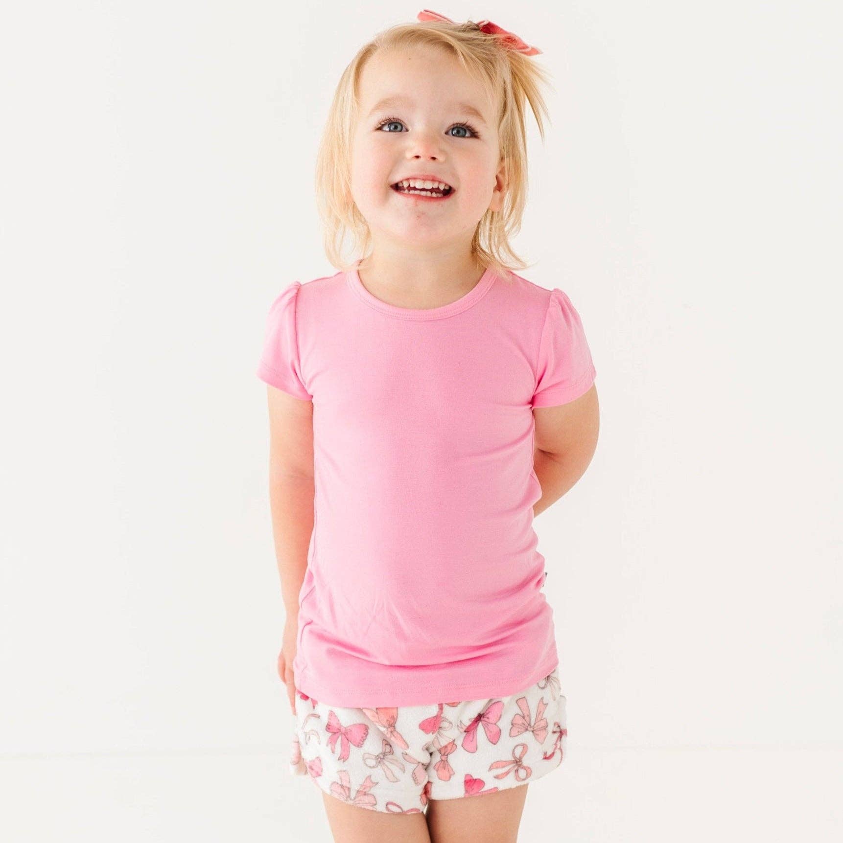 Macaron + Me - Wholesale Shorts - Kids - Plush Shorts-Pink Bows3