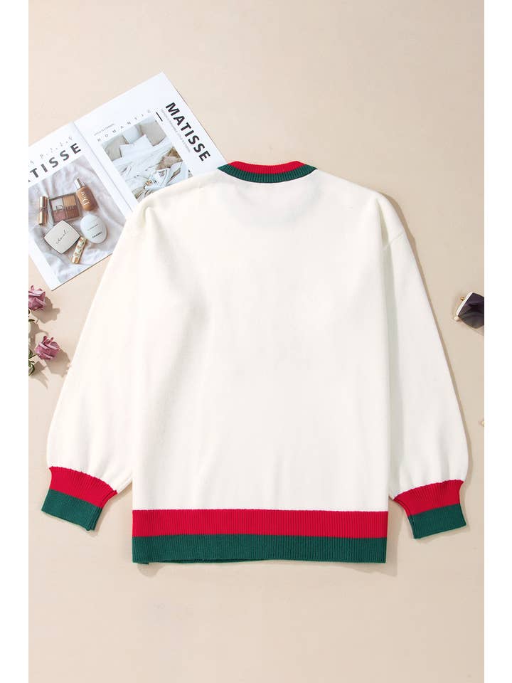 White Tinsel holly jolly Pattern Plus Size Long Sleeve Sweater for wholesale on Faire