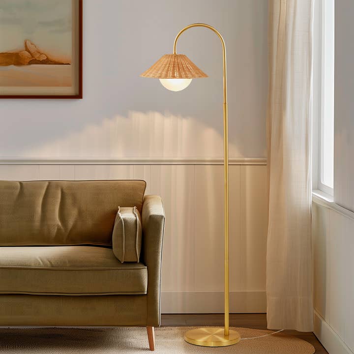 Olliix - Wholesale Floor Lamp - Rattan Weave Shade Floor Lamp, Gold/Natural