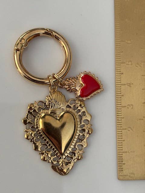 Miss DJ Angel - Wholesale Keychain - Women's - Ex-voto sacred heart charms, ex-voto bag charms, sacred heart charms gift for women, golden and red heart charms.4