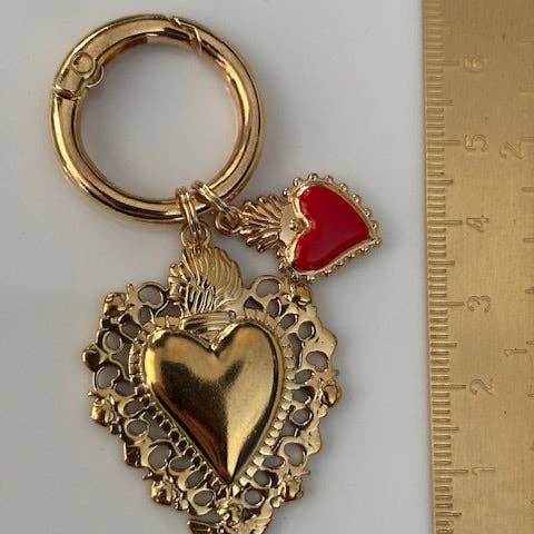Miss DJ Angel - Wholesale Keychain - Women's - Ex-voto sacred heart charms, ex-voto bag charms, sacred heart charms gift for women, golden and red heart charms.4