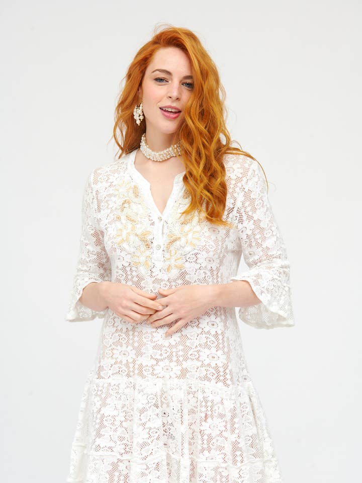 Women's short dress with fringes, hand-embroidered details for wholesale by ANISA