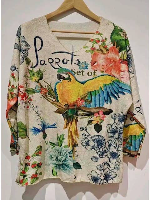 LOOWIE - Wholesale Knit Sweater - Women's - POPA Italian Cozy Cream Parrot Sweater One Size LOOWIE