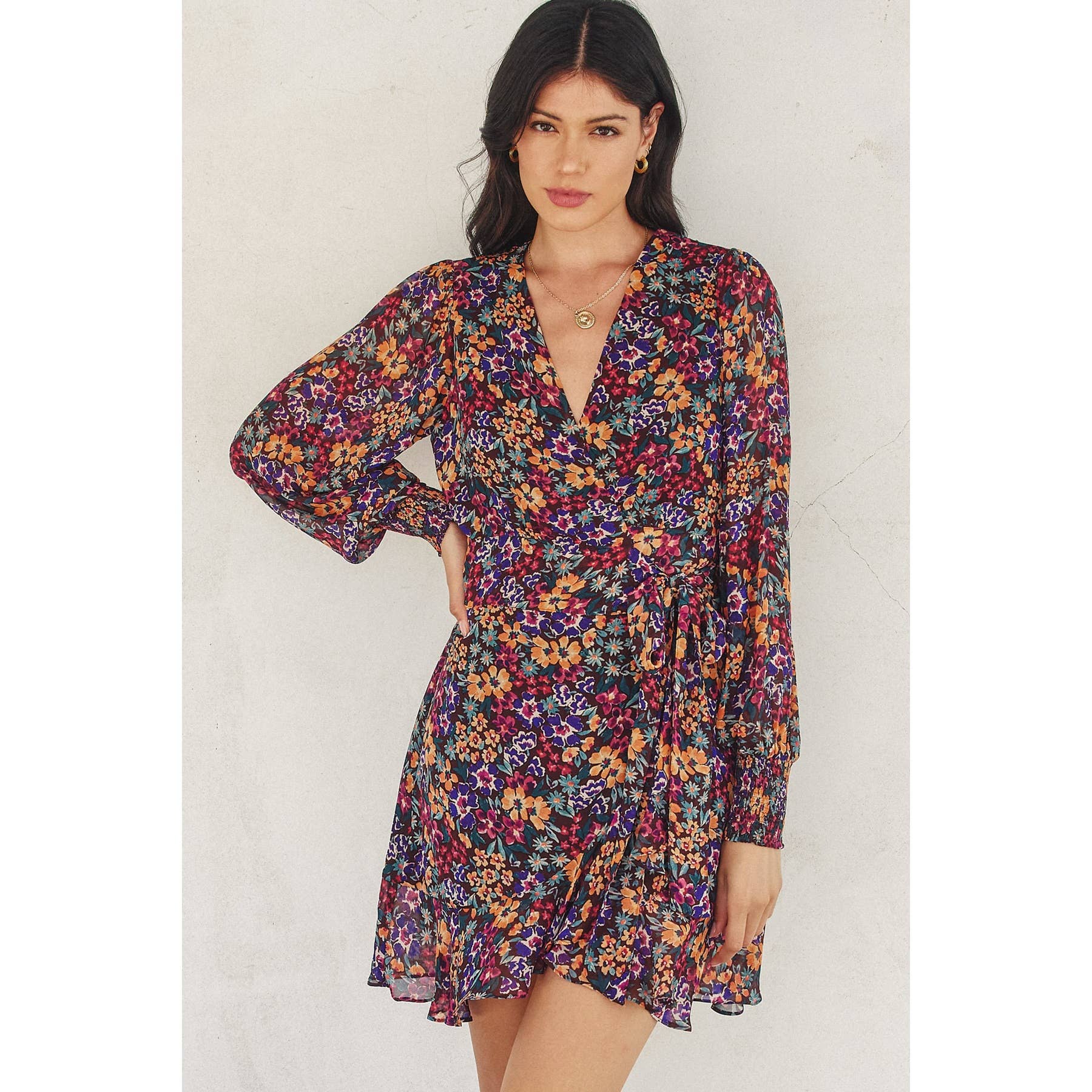 MIDNIGHT FLORAL Tiger Swallowtail Bishop Sleeve Mini Wrap Dress for wholesale on Faire1