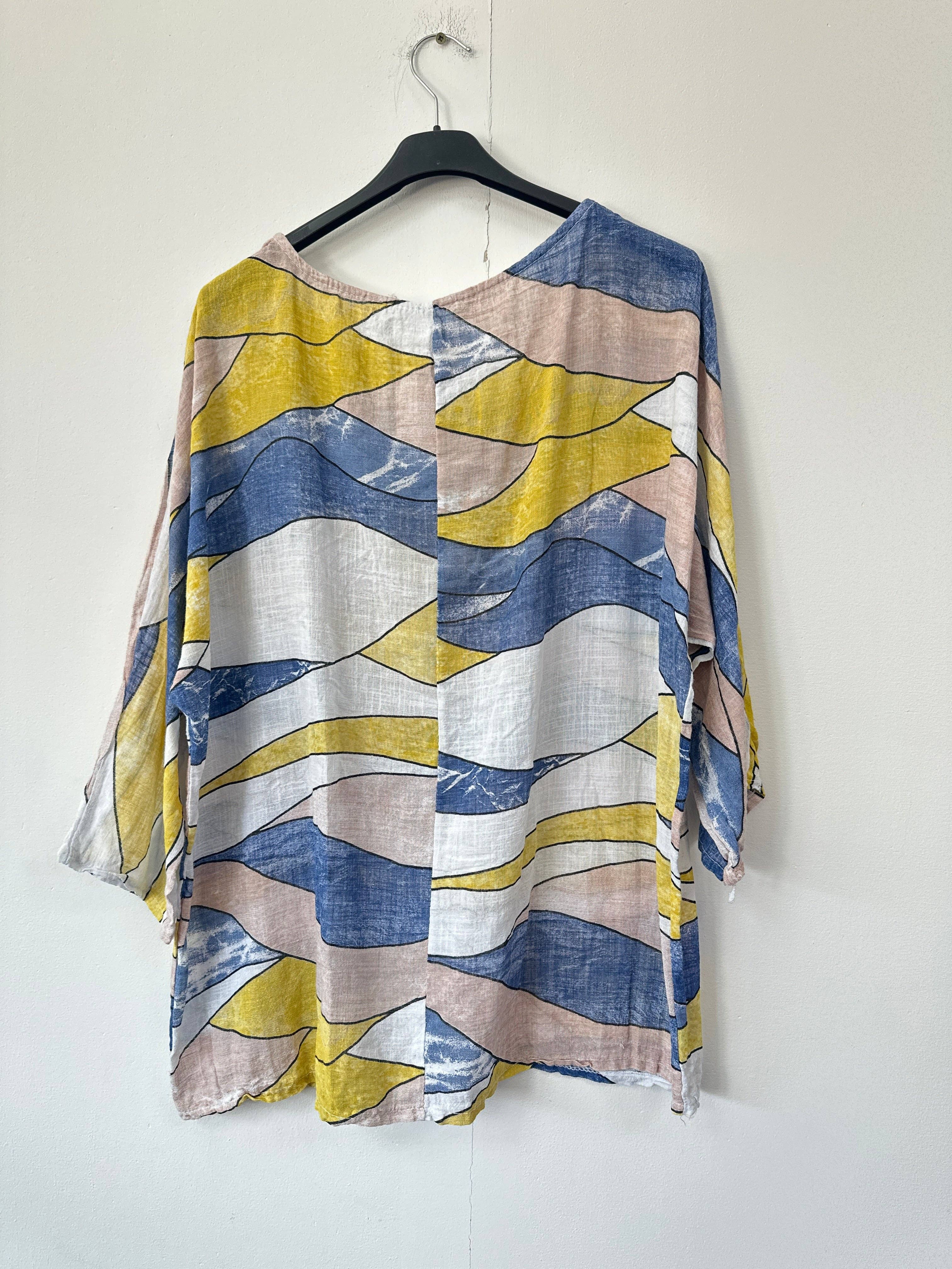 Miss Bold - Wholesale Blouse - Women's - Italian Abstract Print Oversized Linen Blend Top with 3by4 Sleeves6