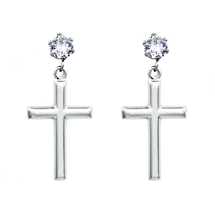 Men's Polished Stainless Steel Cross Earrings with Cubic Zirconia for wholesale by Blackjack Mens Jewelry