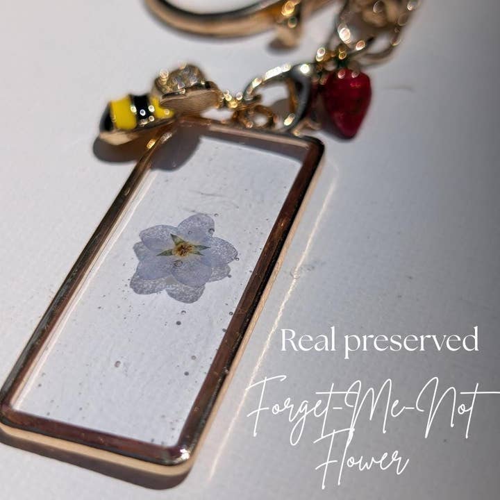 Strawberry Keychain With Bee Charm Pressed Flower Gold Bag Accessory Nature Gift For Her Cottagecore Summer Trend Aesthetic Charm Key Ring for wholesale by TillyPad Studios