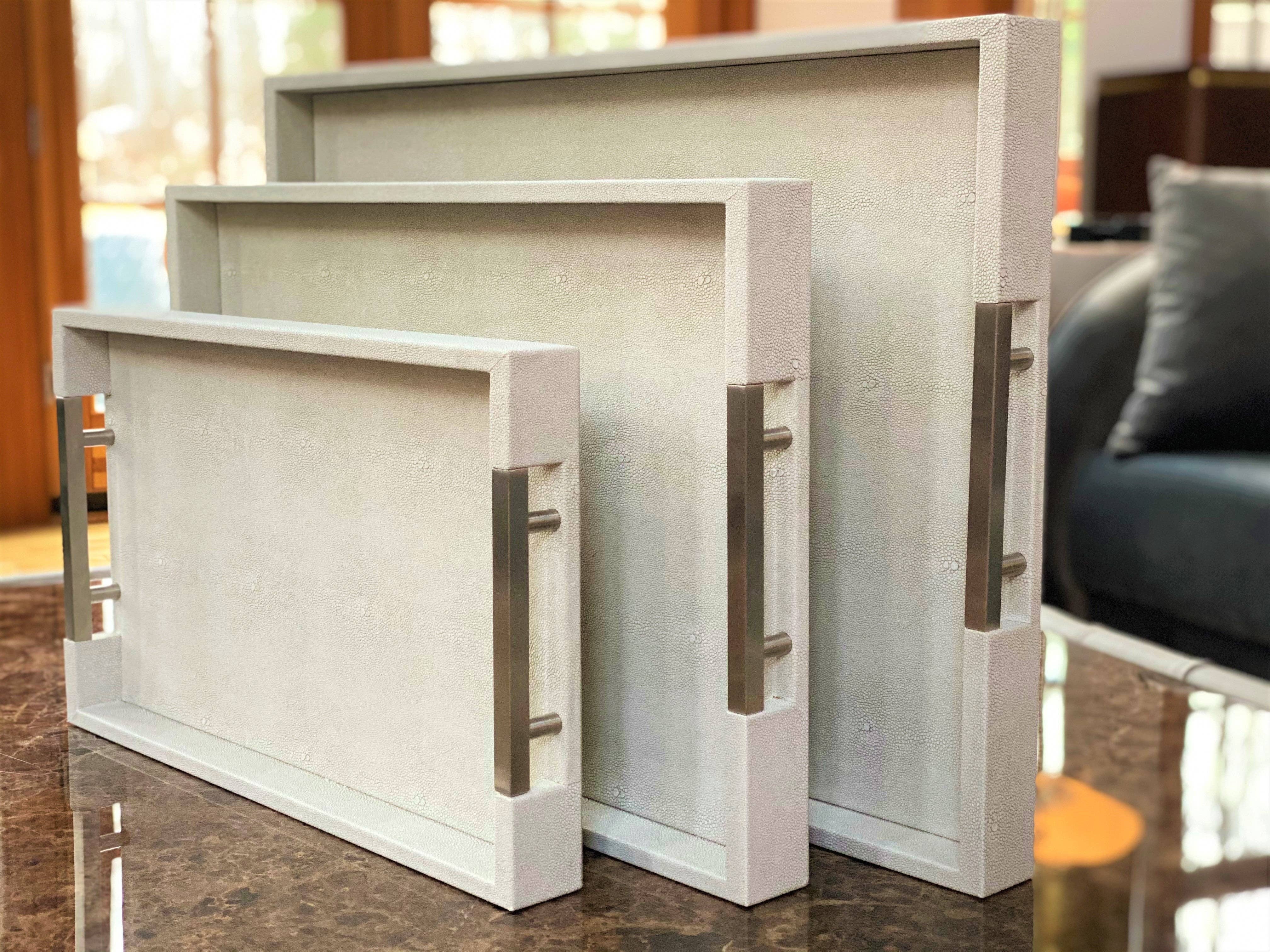 One Preevay Luxury Home Furniture & Decor - Wholesale Serving Tray - Thursby Luxury Shagreen Serving Tray | Exotic Embossed Leather | Nickel Handwear16