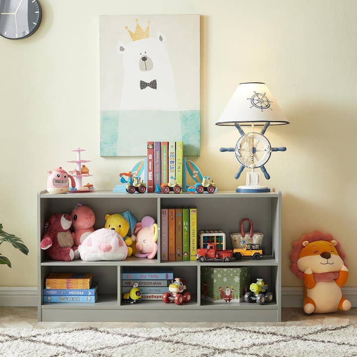 Grey 5 Section Toy Organizer And Bookshelf For Kids Storage for wholesale on Faire3