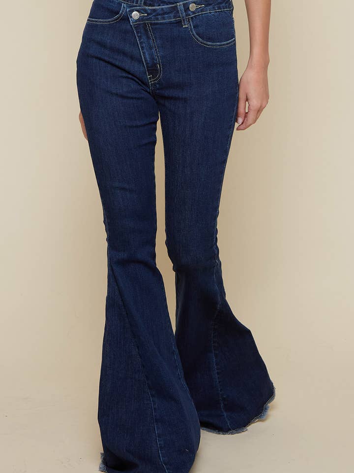 Saints & Hearts - Wholesale Jeans - Women's - SIP6212A DK DENIM CRISS CROSS UPSIZED BELL BOTTOM JEAN