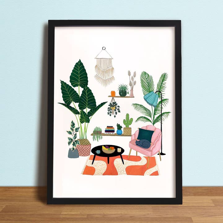 Impresión artística de gouache con escenas de plantas de casa y gatos en la sala de estar para venta al por mayor de Lara Oztekin Designs