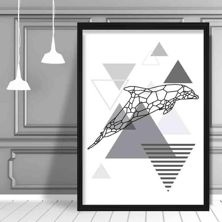 Dolphin Abstract Geometric Scandinavian Mono Grey Poster for wholesale by Artze Wall Art