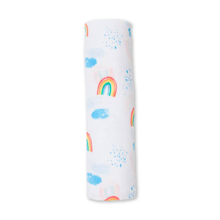 Muslin Swaddle Blanket – Rainbow Sky (47" x 47") for wholesale by Lulujo Baby