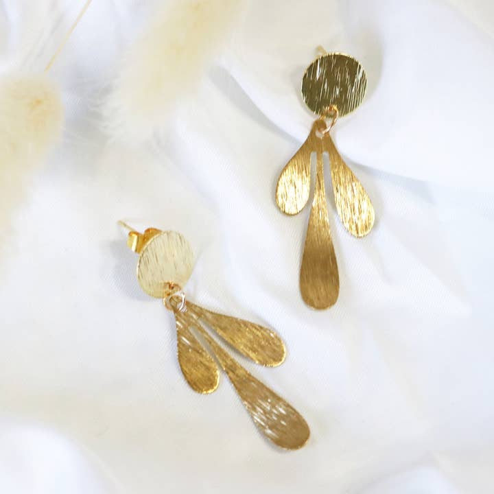 Etched Teardrop Gold Brass Earrings, Modern Drop Earrings for wholesale by The Willow Creek Studio