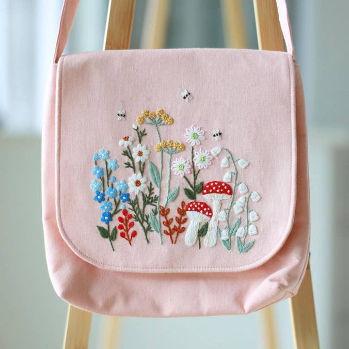 Hand Embroidered Pastel Pink Floral Crossbody Bag for wholesale by Finer Embroidery