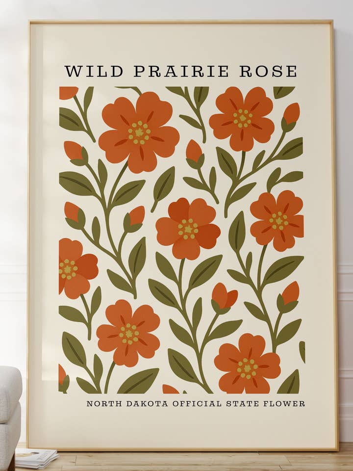 Impression artistique de la fleur d'État du Dakota du Nord – Rose des Prairies Sauvages pour la vente par The FlatFile Society