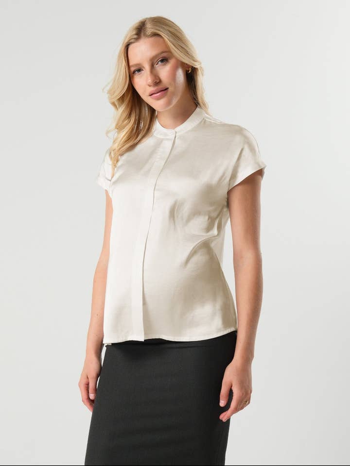 Short Sleeve Satin Maternity Shell Top with Concealed Nursing Zip for wholesale by MARION