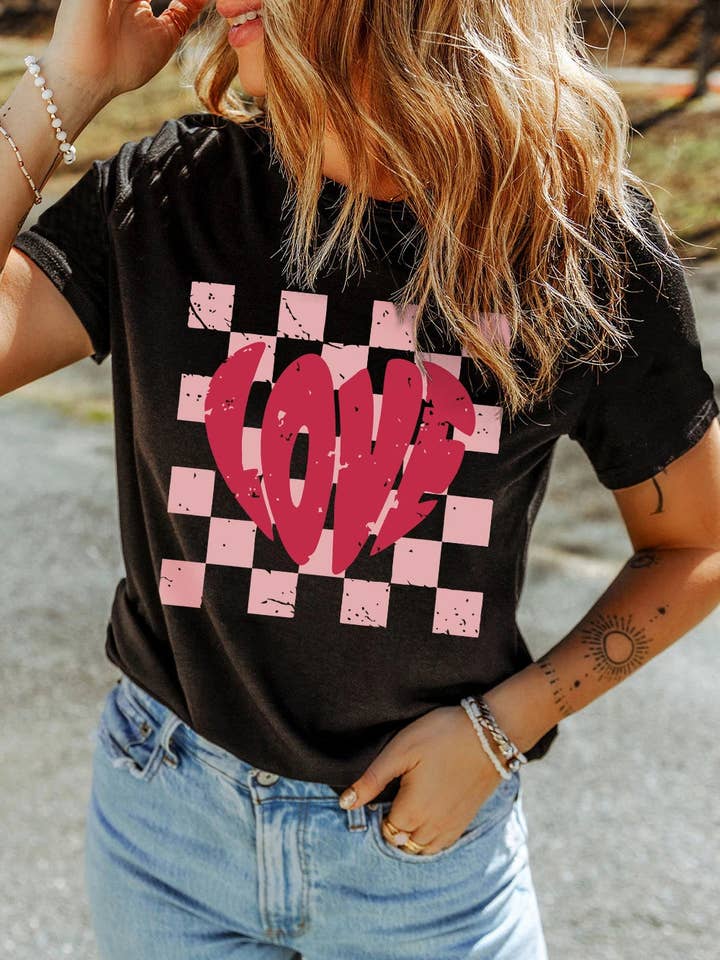 Black LOVE Checkered Graphic Valentine Tee for wholesale by Lovesoft