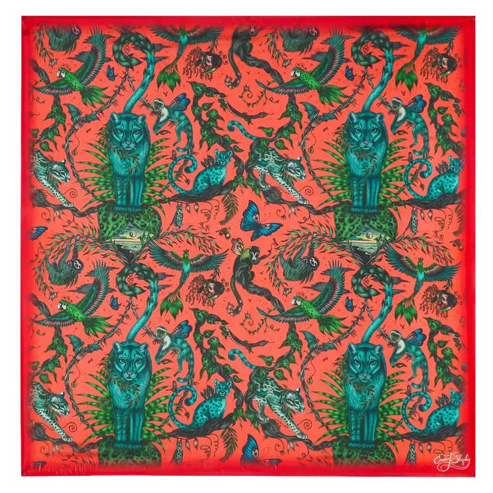 Bufanda de chifón de seda Bosque Dreams, diseño de leopardo rojo y coral otoñal para venta al por mayor de Emma J Shipley