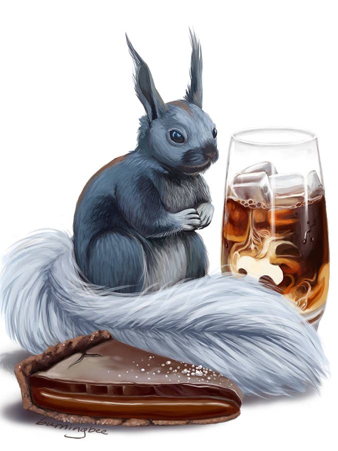 Iced Coffee, A Chocolate Caramel Tart, & A Kaibab Squirrel for wholesale by Burning Bee Illustration