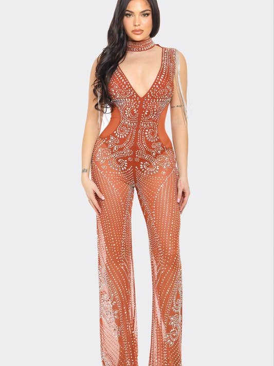BJS12935 Rhinestone Choker Deep V-Neck Jumpsuit for wholesale by BANJUL