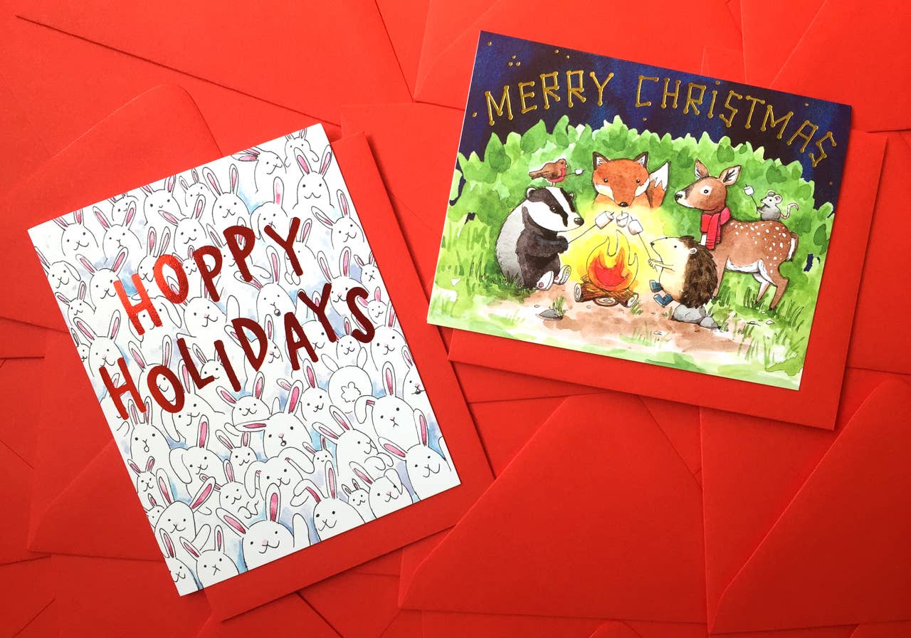 Paper Wilderness - Wholesale Season's Greetings Card - Hoppy Holidays Bunny Red Foil Holiday Card1
