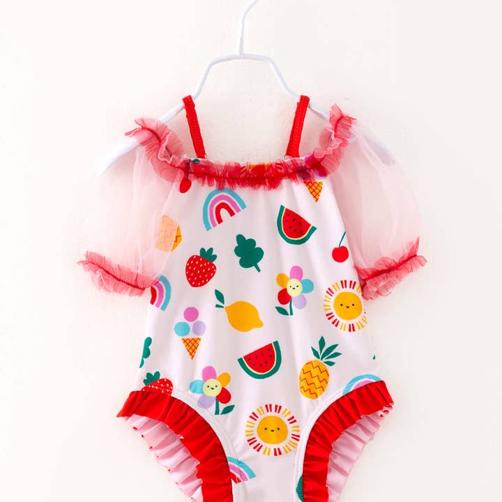 Costume intero da bambina con volant e frutta per la vendita all'ingrosso da parte di littleoneusa